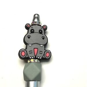 Beaded Pen Hippo Bling Silver Gray Retractable‎ Animal Lover Gift w/Refill NEW